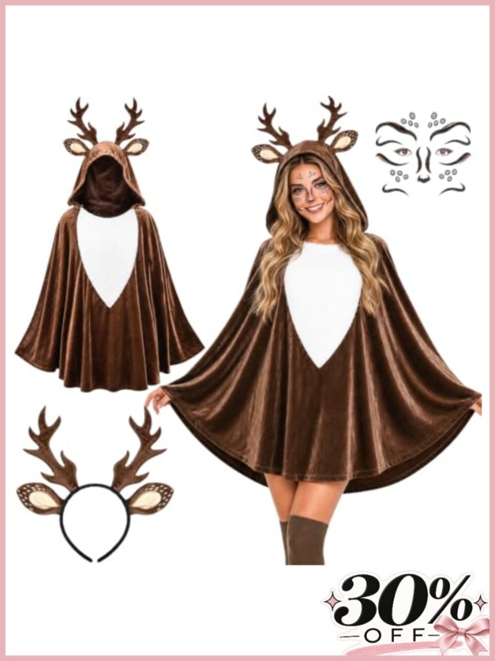 Velvet Deer Poncho Set Hooded Antler Headband Costume Cape Cosplay
